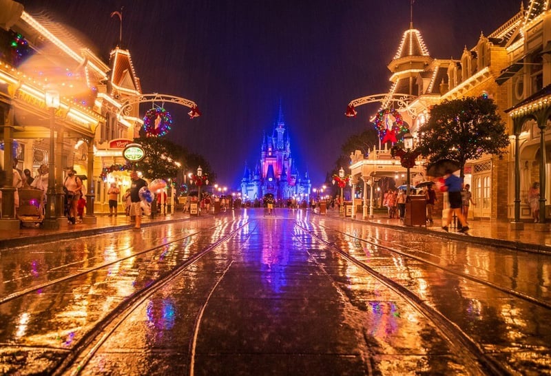 Christmas lights at night on Main Street in Magic Kingdom at Disney World